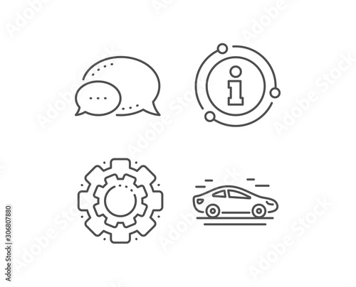 Car transport line icon. Chat bubble, info sign elements. Transportation vehicle sign. Driving symbol. Linear car outline icon. Information bubble. Vector