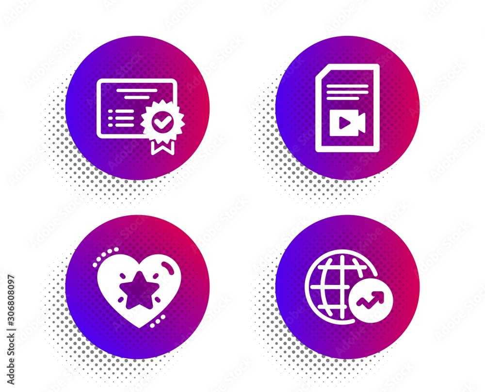 Video file, Ranking star and Certificate icons simple set. Halftone dots button. World statistics sign. Vlog page, Love rank, Verified document. Global report. Technology set. Vector Video file, Ranking star and Certificate icons simple set. Halftone dots button. World statistics sign. Vlog page, Love rank, Verified document. Global report. Technology set. Vector
