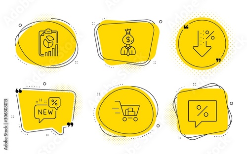 Manager, Shopping cart and Discount message signs. Chat bubbles. New, Report and Low percent line icons set. Discount, Presentation chart, Work profit. Online buying. Finance set. Vector