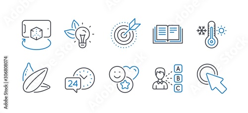 Set of Business icons, such as Eco energy, Smile, Education, Sunflower seed, Target purpose, Thermometer, Opinion, Augmented reality, 24h service, Click here line icons. Line eco energy icon. Vector