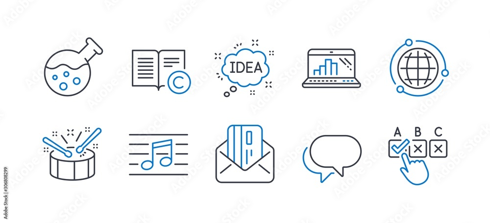 Set of Education icons, such as Chemistry lab, Globe, Talk bubble, Copyright, Idea, Graph laptop, Drums, Musical note, Credit card, Correct checkbox line icons. Laboratory, Internet world. Vector