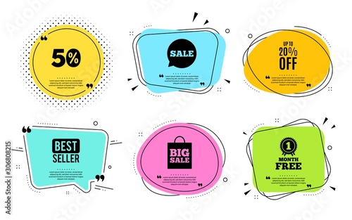 Up to 20% off Sale. Best seller, quote text. Discount offer price sign. Special offer symbol. Save 20 percentages. Quotation bubble. Banner badge, texting quote boxes. Discount tag text. Vector