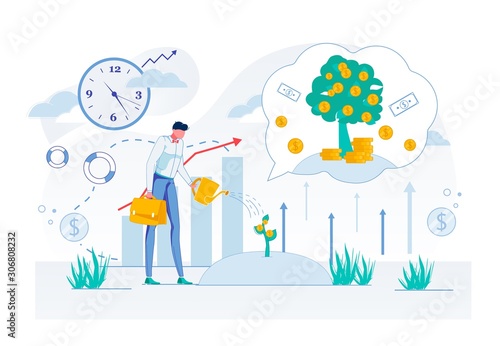 Businessman Watering Small Plant with Coins Flat.