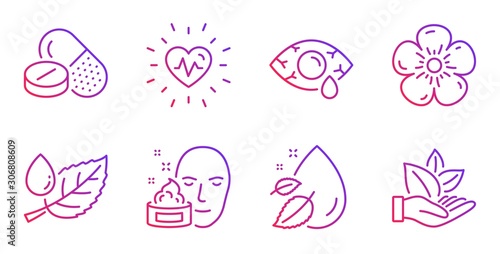 Face cream, Ð¡onjunctivitis eye and Medical drugs line icons set. Water drop, Heartbeat and Natural linen signs. Leaf dew, Organic product symbols. Gel, Optometry clinic. Healthcare set. Vector