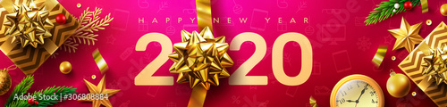 2020 Happy New Year Promotion Poster or banner with golden gift box and christmas decoration elements.Change or open to new year 2020 concept.Promotion and shopping template for New Year.Vector EPS10