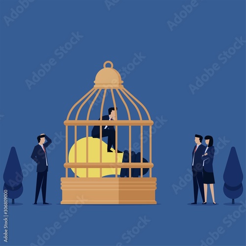 Business flat vector concept man sit above lamp on the cage metaphor of locked creativity.