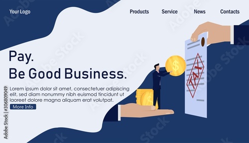Businessman pay tax give coin hand hold paper. Business Landing Page Template.