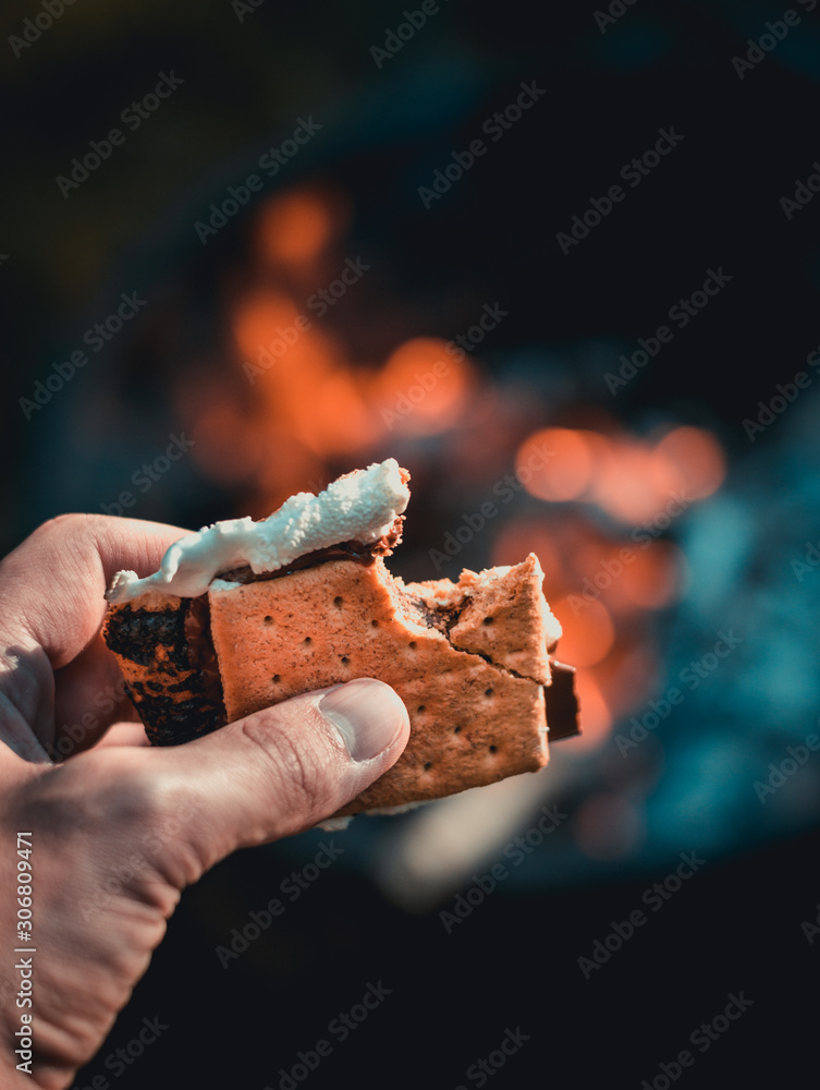 Having a s'more over the fire in the summer - obrazy, fototapety, plakaty 