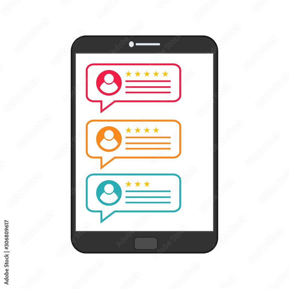 Review rating bubble speeches on mobile phone vector illustration, flat style smartphone reviews stars with good and bad rate and text, concept of testimonials messages, notifications, feedback Review rating bubble speeches on mobile phone vector illustration, flat style smartphone reviews stars with good and bad rate and text, concept of testimonials messages, notifications, feedback