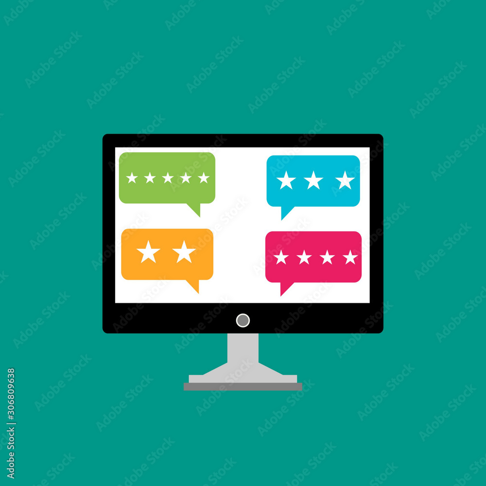 Review rating bubble speeches on laptop vector illustration. Customer review, Usability Evaluation, Feedback, Rating system concept. Vector illustration Review rating bubble speeches on laptop vector illustration. Customer review, Usability Evaluation, Feedback, Rating system concept. Vector illustration