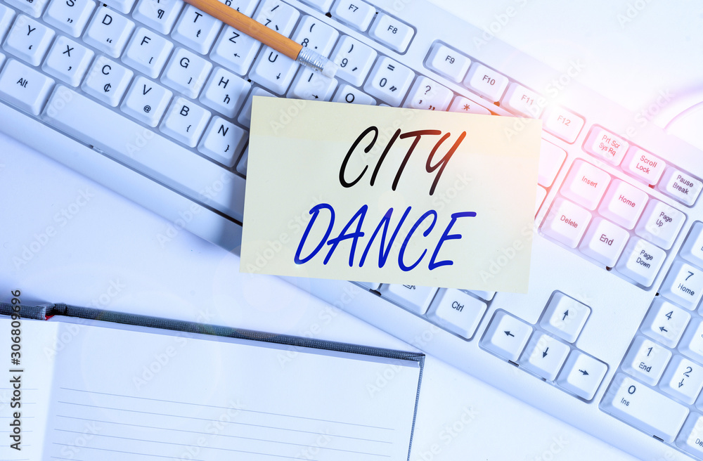 Word writing text City Dance. Business photo showcasing activity of dancing for pleasure or in order to entertain others White pc keyboard with empty note paper and paper clips above white background Word writing text City Dance. Business photo showcasing activity of dancing for pleasure or in order to entertain others White pc keyboard with empty note paper and paper clips above white background