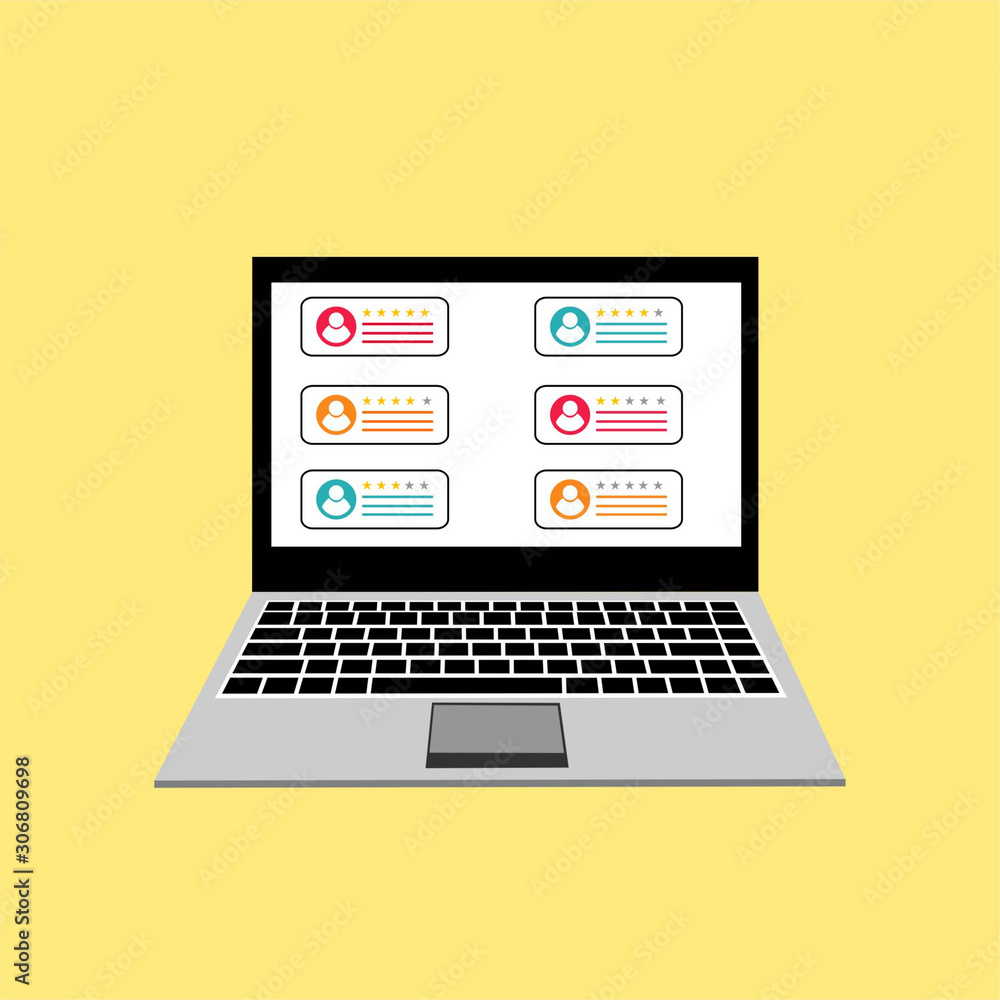 Review rating bubble speeches. Vector modern style cartoon character illustration avatar icon design. Computer desktop pc display with reviews stars rate and text, feedback evaluation, messages Review rating bubble speeches. Vector modern style cartoon character illustration avatar icon design. Computer desktop pc display with reviews stars rate and text, feedback evaluation, messages