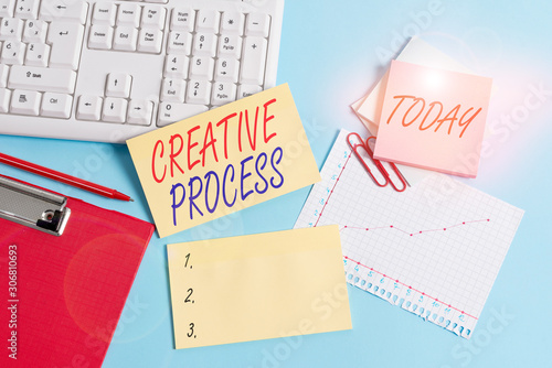 Text sign showing Creative Process. Business photo showcasing process of generating new ideas and making connection Paper blue desk computer keyboard office study notebook chart numbers memo