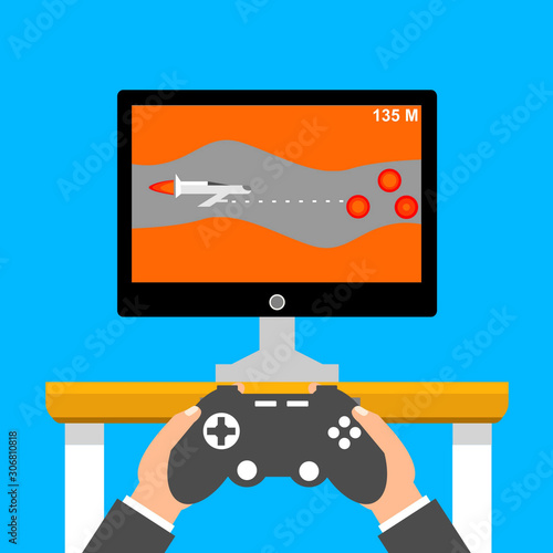 Videogame console with tv. Gaming concept. Man holding in hands gamepad. Flat cartoon style. Vector illustration.