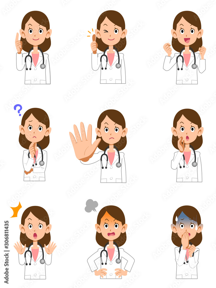 9種類の女性医師の上半身のポーズと仕草1