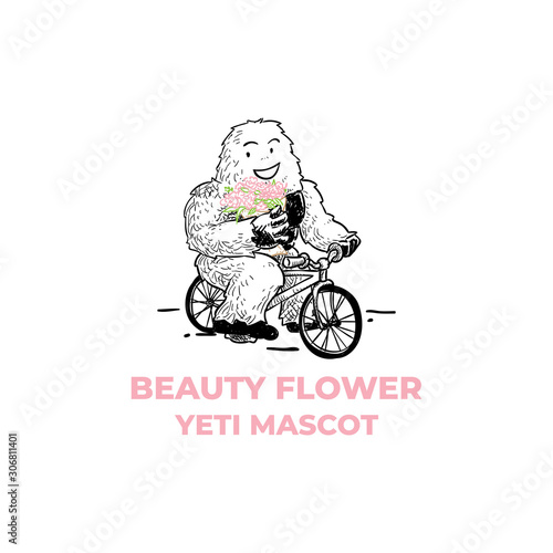 Cute yeti mascot character ride bicycle bring pink  flower bouquet vector design concept