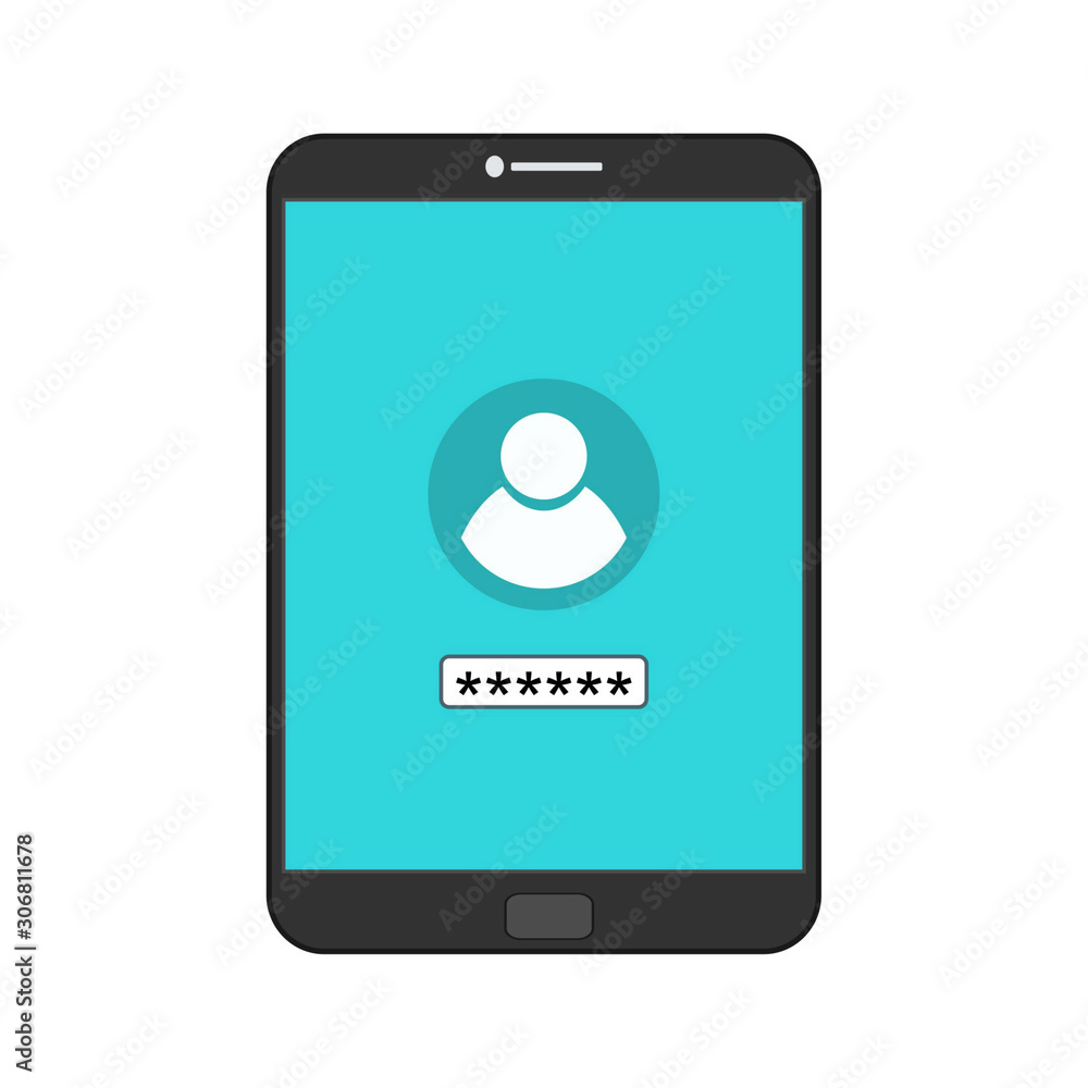 Smartphone with register now button and user icon. Internet security concept icon. Identification and protection simbol Vector Flat Illustration Icon Stock Smartphone with register now button and user icon. Internet security concept icon. Identification and protection simbol Vector Flat Illustration Icon Stock