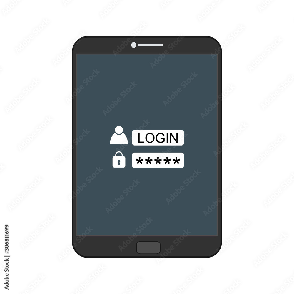Smartphone with register now button and user icon. Internet security concept icon. Identification and protection simbol Vector Flat Illustration Icon Stock Smartphone with register now button and user icon. Internet security concept icon. Identification and protection simbol Vector Flat Illustration Icon Stock