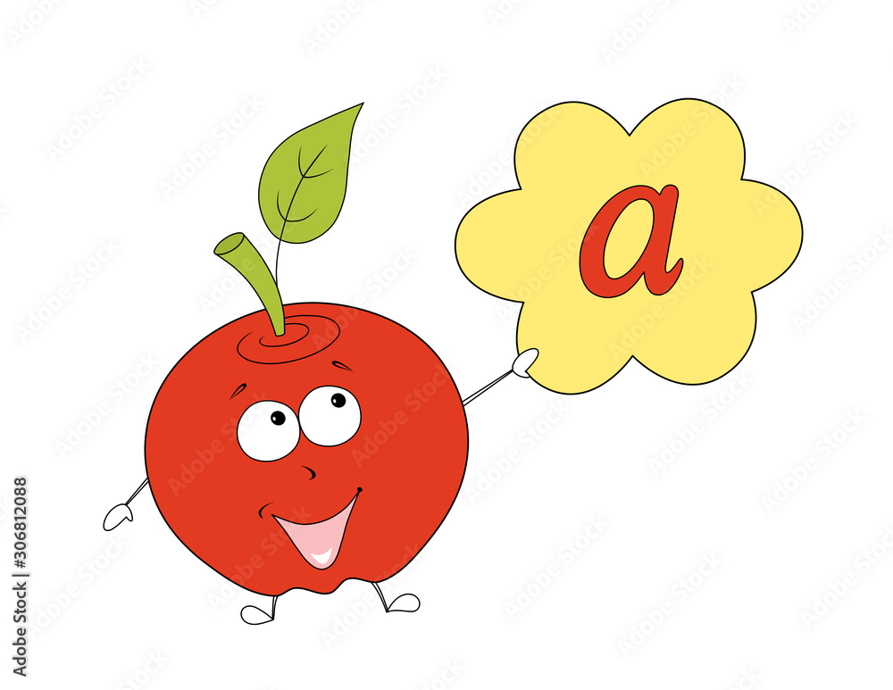 a is for apple. happy cartoon character with big eyes and holding a sign  with the vowel Stock Illustration | Adobe Stock
