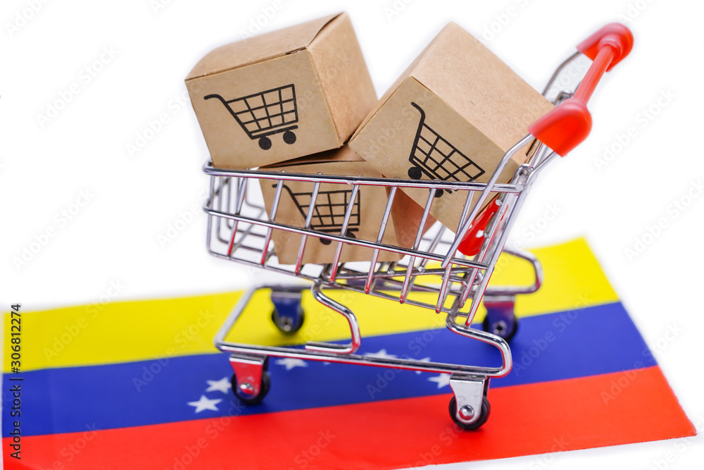 Box with shopping cart logo and Venezuela flag : Import Export Shopping online or eCommerce finance delivery service store product shipping, trade, supplier concept..