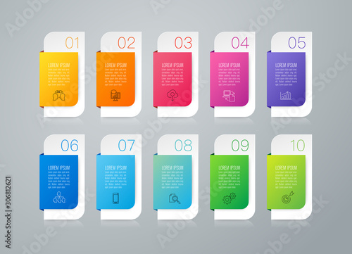 Infographics design paper art style and business icons with 10 options. Use in corporate report, marketing, annual report. Network management data screen with charts, diagrams.