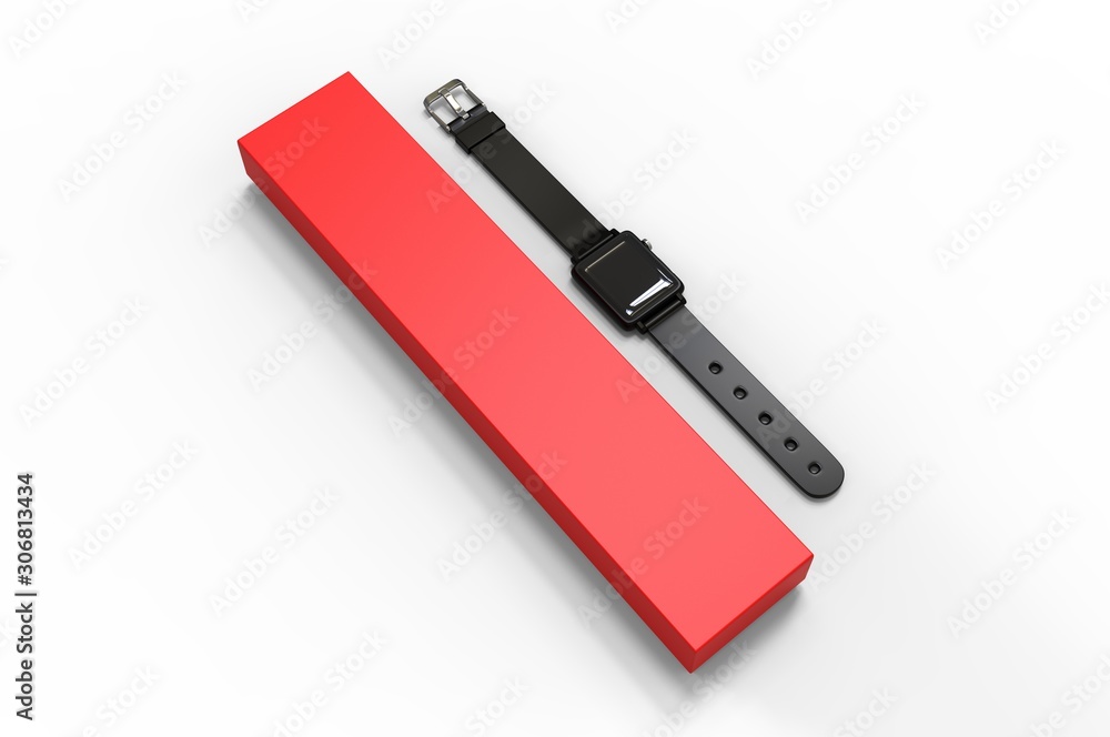 Smart watch with hard box packaging for branding and mock up. 3d render illustration. Smart watch with hard box packaging for branding and mock up. 3d render illustration.