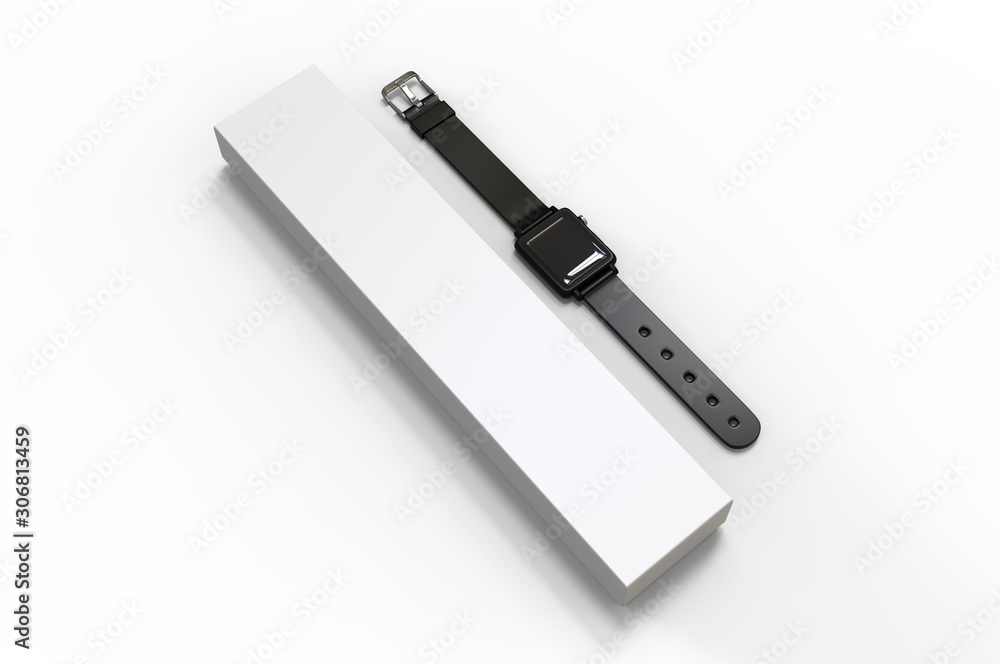 Smart watch with hard box packaging for branding and mock up. 3d render illustration. Smart watch with hard box packaging for branding and mock up. 3d render illustration.
