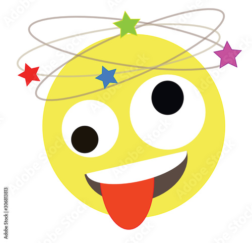 Dizzy yellow emoji seeing stars over head. Yellow emoticon face with crazy eyes, tongue sticking out and stars circling over head as sign of confusion or disorientation. 