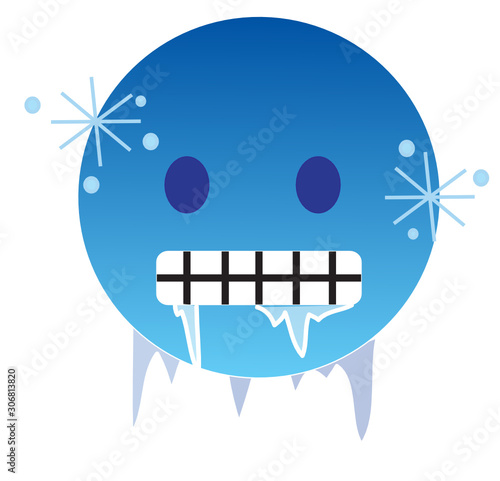 Freezing cold emoji. Icy-blue face with gritted teeth with icicles clinging to its jaw and lips - frozen from extreme cold. Ice glittering on its face skin.