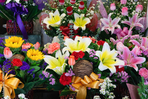 Wallpaper Mural Carnation, Roses,Sunflower  and  Chrysanthemum flowers  in vase at flower market,pattern background,selective focus Torontodigital.ca