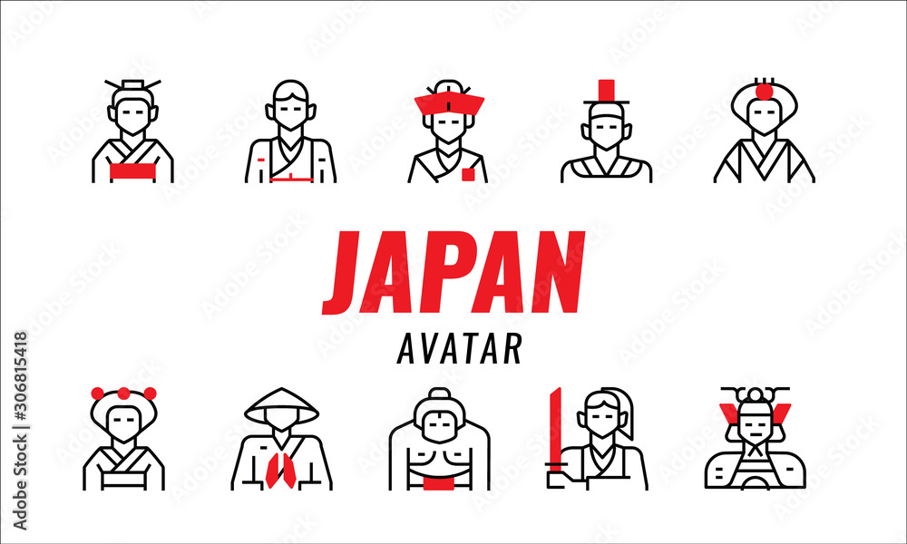 Japanese traditional character. Thin line design elements. vector illustration