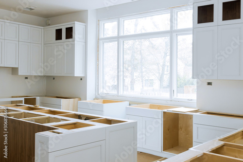 Wooden cabinets installation of in the white of installation base cabinets modular kitchen photo