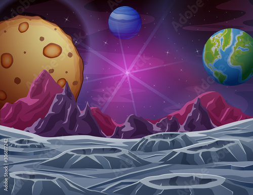 Outer space scene with many planets illustration