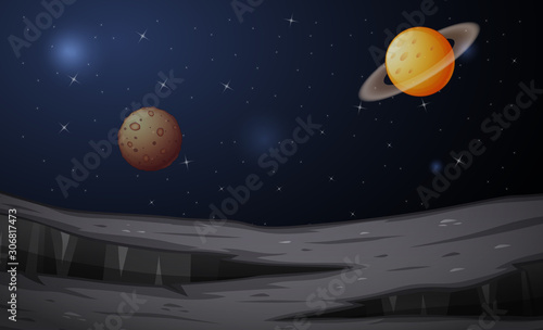 Mars and saturn planet landscape in space illustration