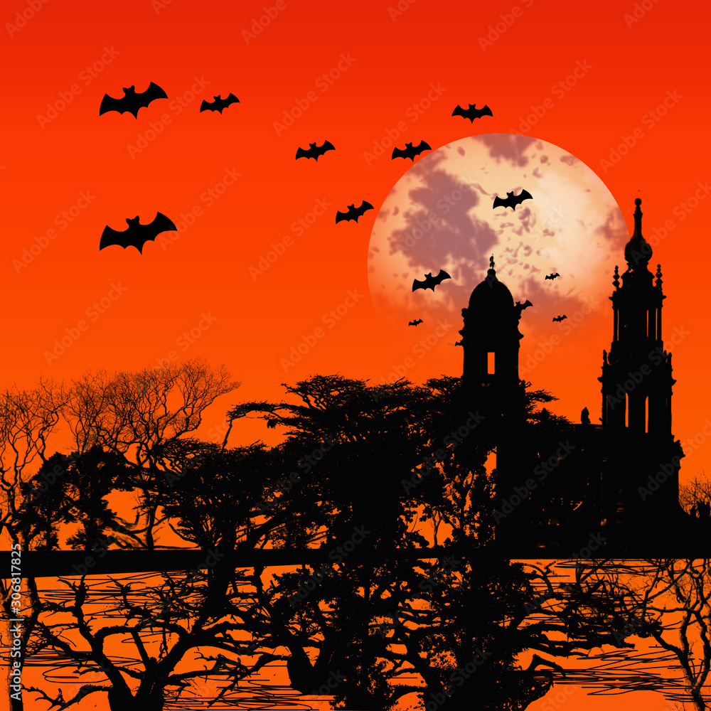 The orange haunted castle house poster design
