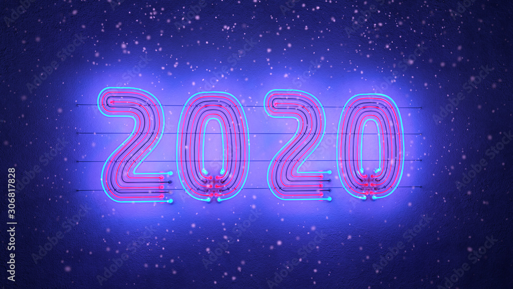 Neon text 2020 on wall and snowfall 3D rendering illustration