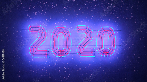 Neon text 2020 on wall and snowfall 3D rendering illustration