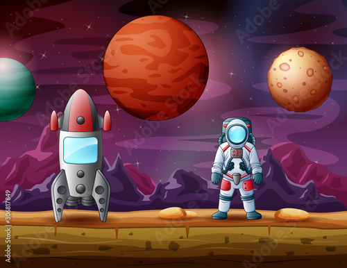Astronaut and rocket landed on a moon with alien planets background