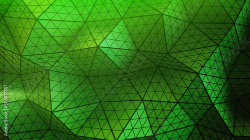 Green polygonal wall geometric distorted 3D rendering