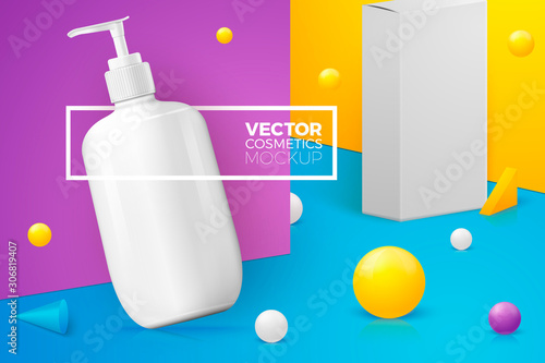 Vector scene with pump shampoo bottle, paper box