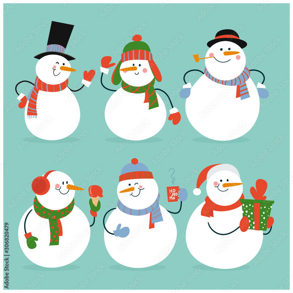 Set of winter holidays snowman in different costumes