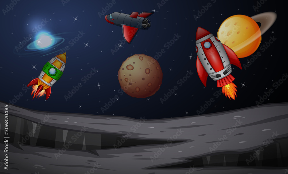 Naklejka premium The spaceship flying in outer space