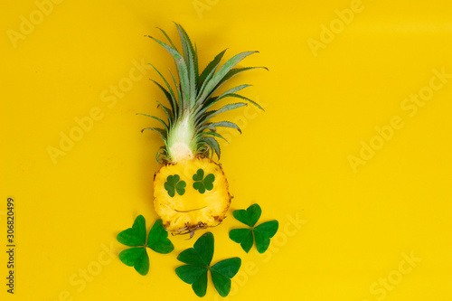 exotic tropical fruits, pineappleisolated on a yellow background photo