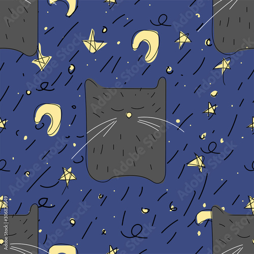 Black cat sleeping on a background of the night sky. The moon, the stars. Seamless pattern.