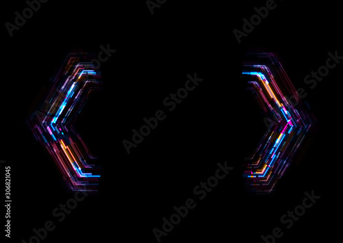 Abstract colorful glowing neon geometric shape tech background. Laser glitch effect retro graphic design. Vector futuristic illustration