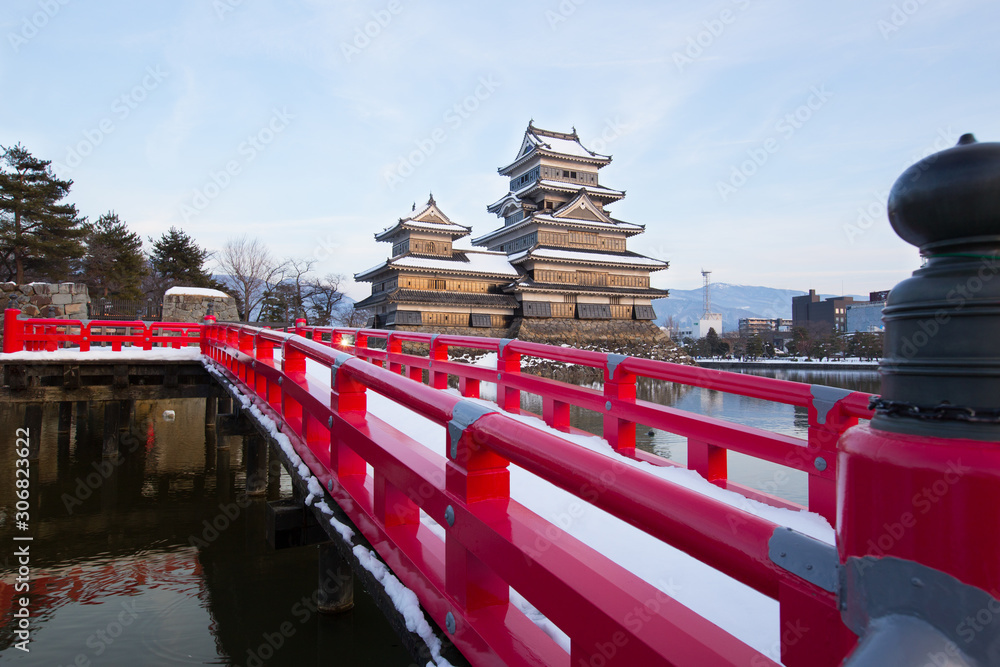 olold castle in japan. Matsumoto castle against blue sky in Nagono city