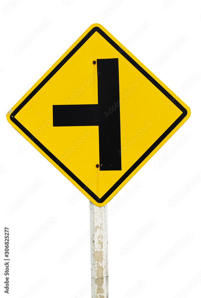 three intersection yellow traffic sign on wayside with cloudy sky, perspective road. image for background, copy space, add text. three intersection yellow traffic sign on wayside with cloudy sky, perspective road. image for background, copy space, add text.
