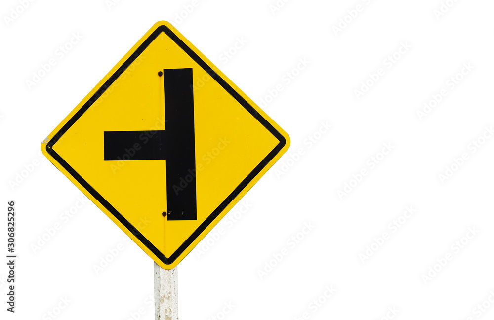 three intersection yellow traffic sign on wayside with cloudy sky, perspective road. image for background, copy space, add text. three intersection yellow traffic sign on wayside with cloudy sky, perspective road. image for background, copy space, add text.