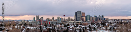 Panoramic of Calgary s skyline on a cold winter evening. 