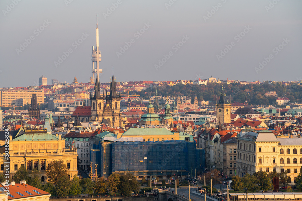 Top view of old town, red roofs and ancient building of Church of Mother of God before Tyn, skyline in Prague,Czech republic